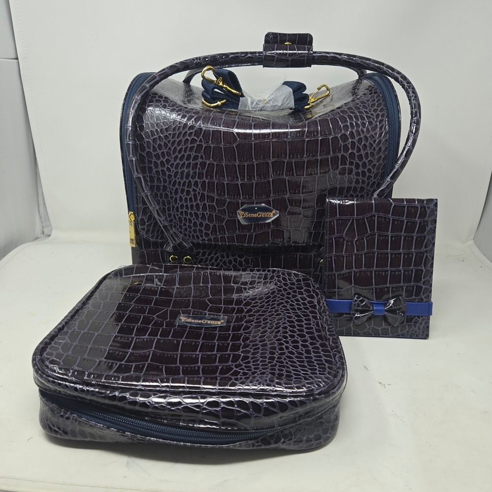 SeneGence Purple Croc Embossed Makeup Train Case Set Travel Organizer 3pc‎